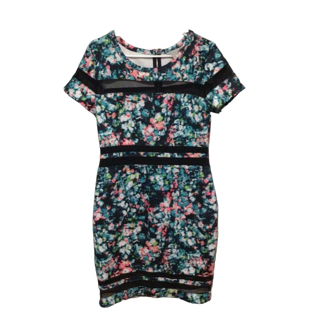 Belle & Sky Black Floral Bodycon Dress Large Sheer Cut-Outs Party Clubwear Large